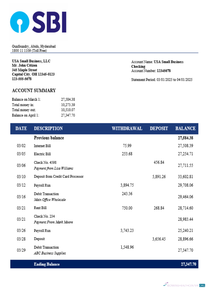 Download SBH organization checking account statement Word and PDF format Photoshop template